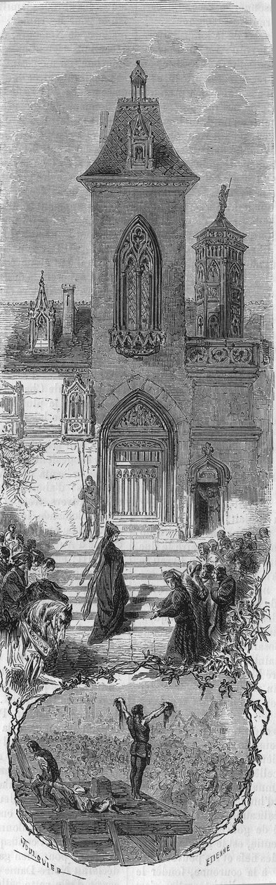 Marie de Burgundy pede a graça dos seus ministros. Morte de Hugonat e do Senhor de Humbercourt em 3 de abril de 1477. Gravura do século XIX. de Unknown artist