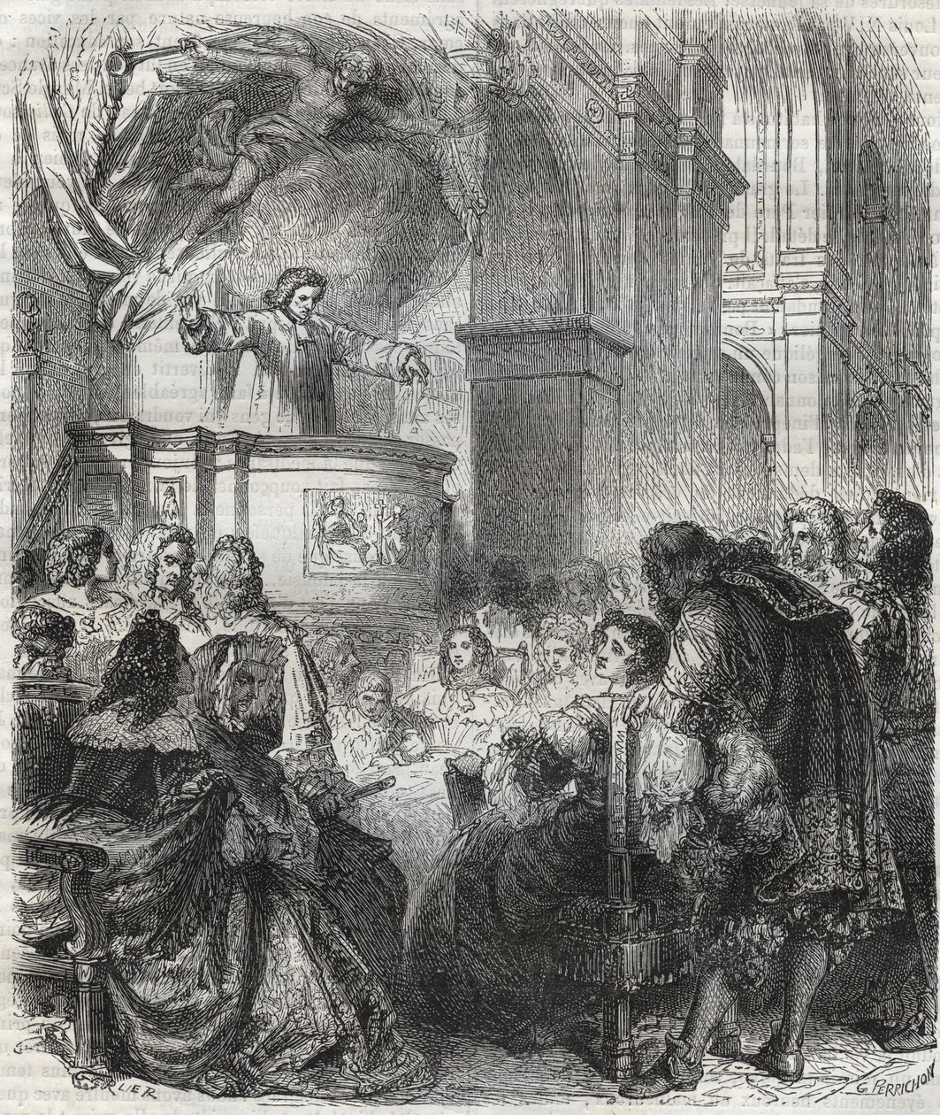 Marie de Rabutin-Chantal (Rabutin Chantal), Marquesa de Sevigne conhecida como Madame de Sevigne (1626-1696), escute Louis Bourdaloue (1632-1704) Francês na igreja de jesuítas, Saint-Louis em Paris - gravura de 1866 de Unknown artist