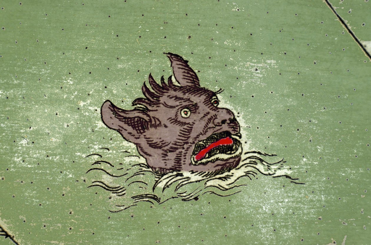 Monstro marinho com a cabeça do demônio. detalhe de um mapa do atlas de Urbano Monte de Unknown artist