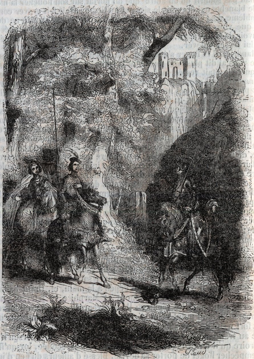 Marphise (Marfisa) e a mulher velha conhecem Pinabel (Pinabello) - gravura de 1851 de "Furious Roland" (Orlando furioso) (século XVI) de Ludovico Ariosto, conhecido como Ariosta - Edição traduzida do italiano pelo Conde de Tressan e publicada por de Unknown artist