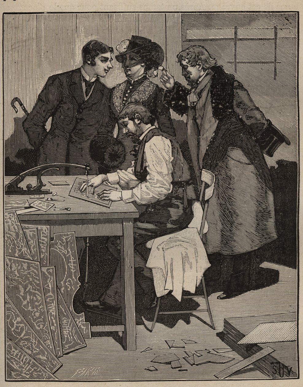Marchetaria: a marchetaria tem o trabalho. Gravura de 1885 em "Les arts et metiers illustres" de Adolphe BITARD. de Unknown artist