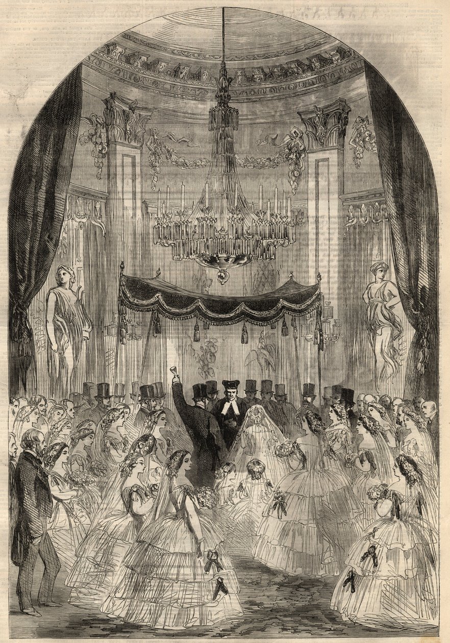 Casamento do Barão Alphonse de Rothschild (1827-1905) e Leonora de Rotschild (1837-1911). A Maria aprendeu a jogar uma bebida no chão, a última etapa de um casamento judeu chamado de "copo partido". Gravura no "The Illustrated London News" de Março de Unknown artist