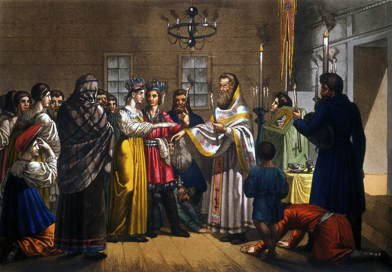 Casamento de camponeses russos celebrado de acordo com o rito ortodoxo de Unknown artist