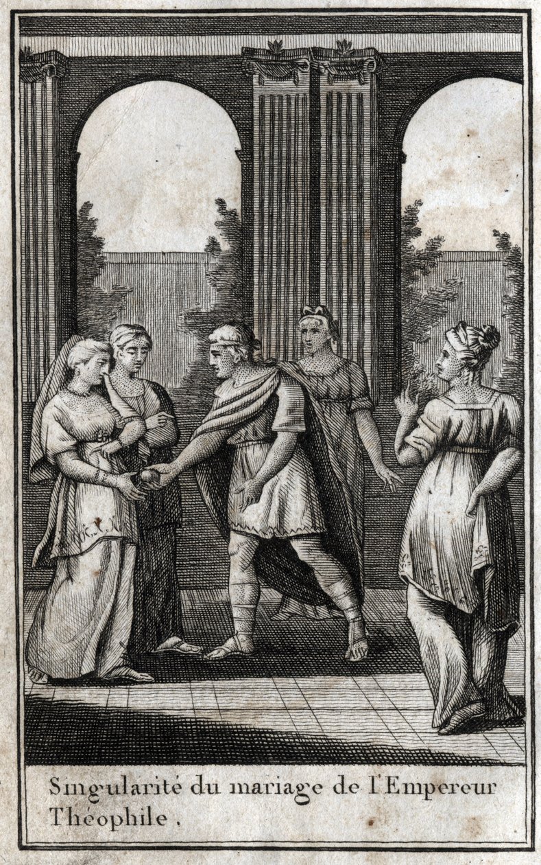 Casamento do imperador teófilo bizantino (813-842): tendo unido as mulheres mais belas do reino para encontrar uma esposa, escolheu Theodora e ofereceu-lhe uma maçã de ouro. Gravura em "Beaute de l
