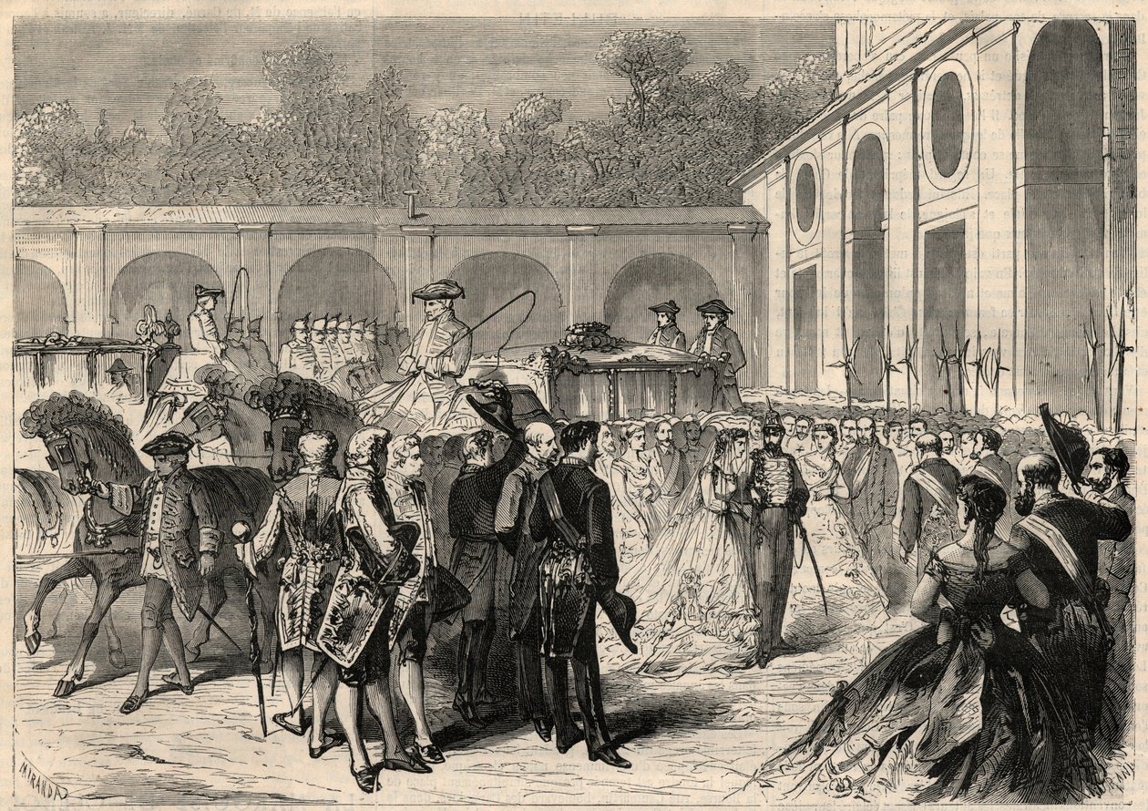 Casamento da infante Marie-Isabelle (Marie Isabelle) de Espanha (Isabel de Borbon y Borbon) (1851-1931) e Gaetan de Bourbon-Sicilies (Bourbon Sicilies) (1846-1871), Conde de Agrigento (Girgenti): chegada do cortejo à Basílica Real de Atocha em de Unknown artist
