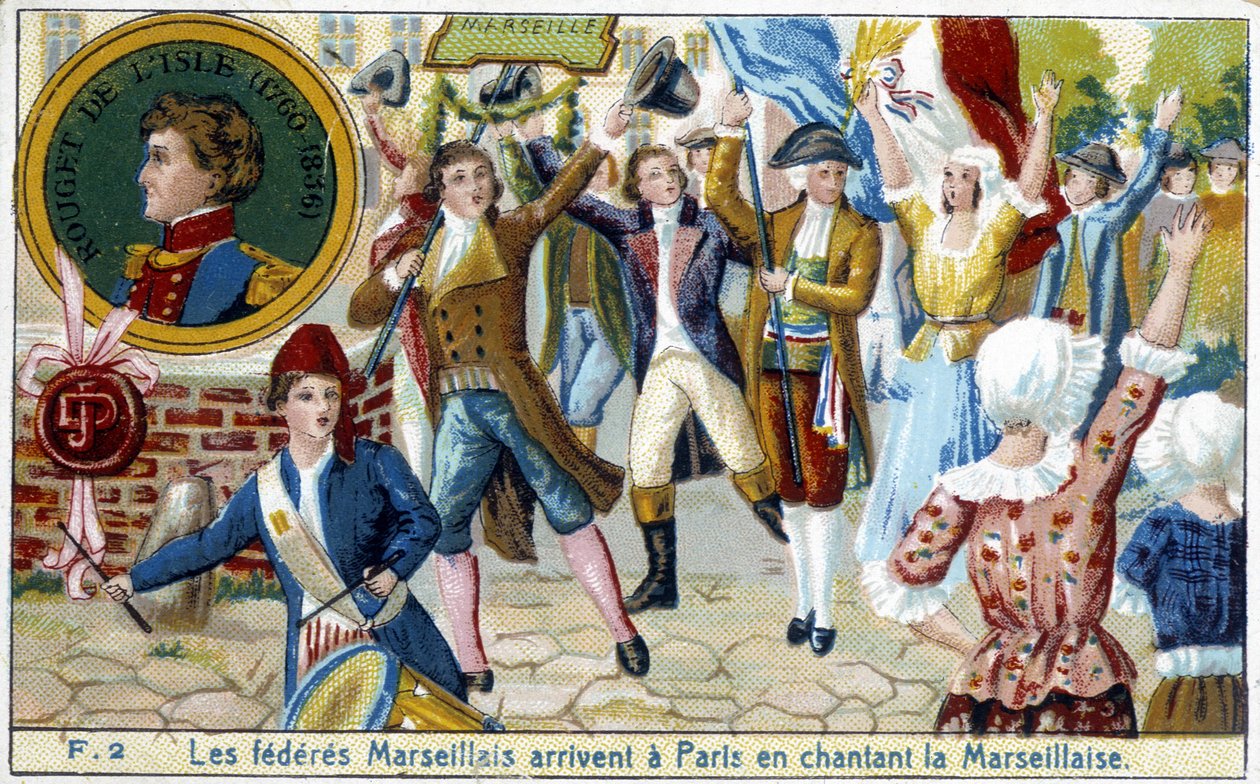 Os Federados de Marselha chegam a Paris cantando Marselhesa - chromo, final do século XIX de Unknown artist
