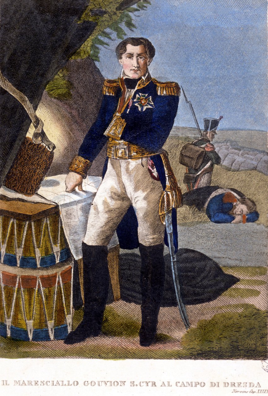 Marechal Laurent Marquês de Gouvion Saint Cyr (1764 a 1830) na Batalha de Dresden em 1813. gravura do século XIX de Unknown artist