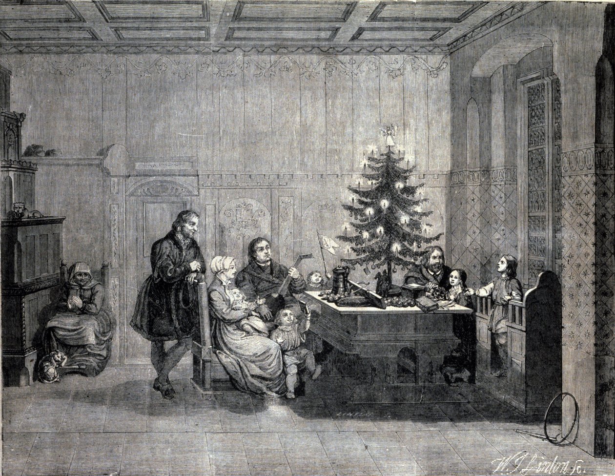 Martin Luther (1483-1546) Reformador religioso alemão que celebra o Natal com a família. Gravura do século XIX de Unknown artist