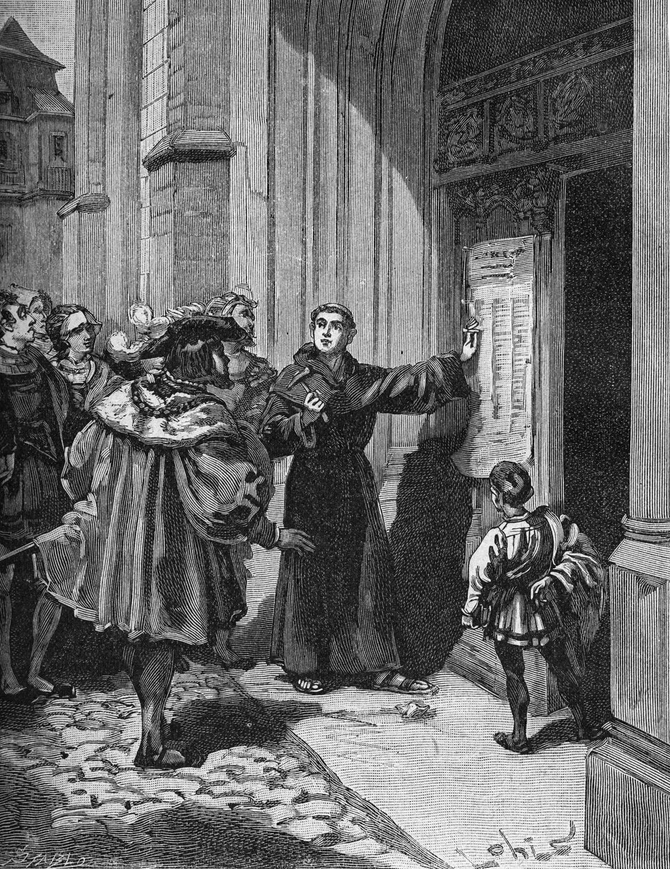 Martin Luther (1483-1546) pendurando suas 95 teses em Wittenberg de Unknown artist
