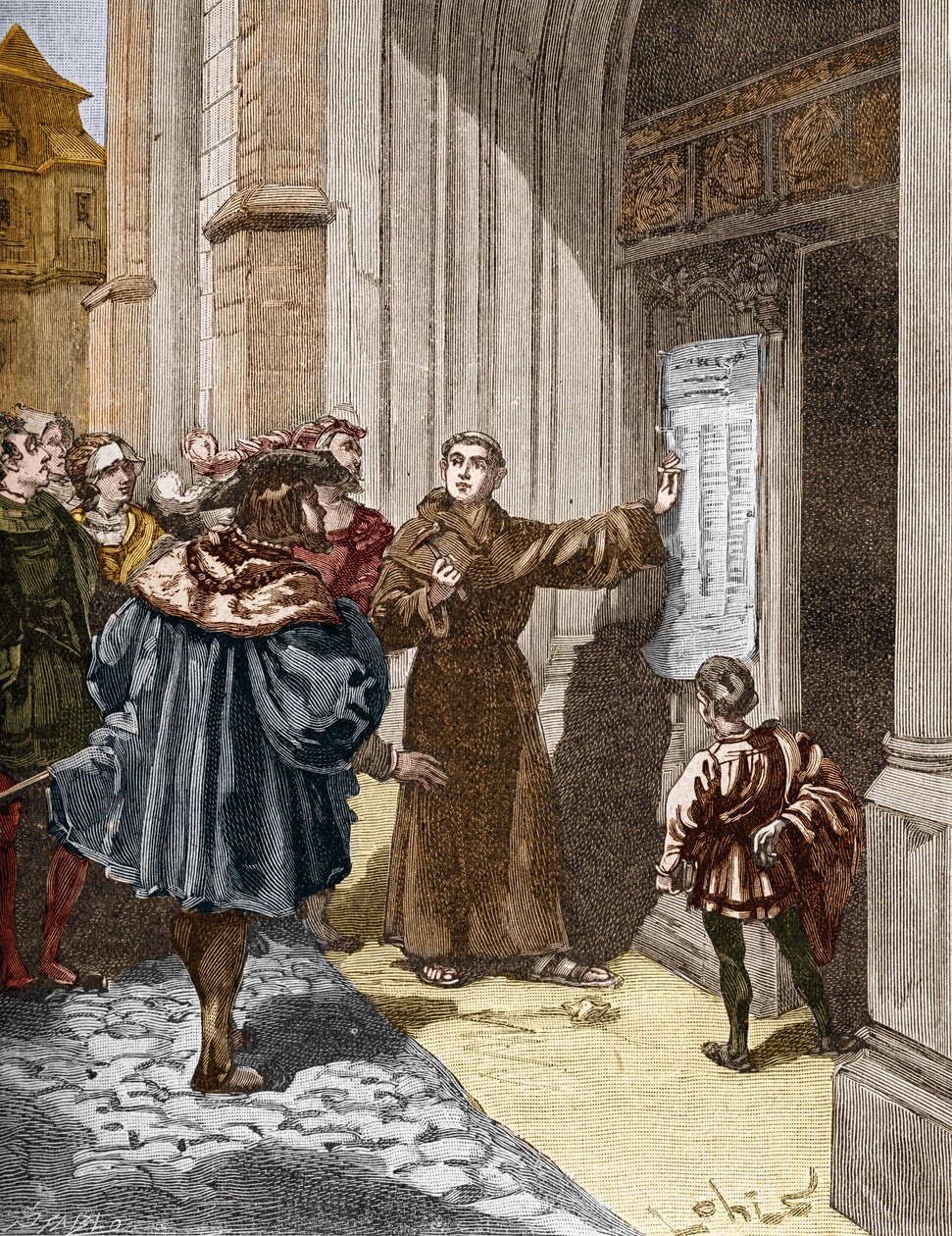 Martin Luther (1483-1546) pendurando suas 95 teses em Wittenberg de Unknown artist