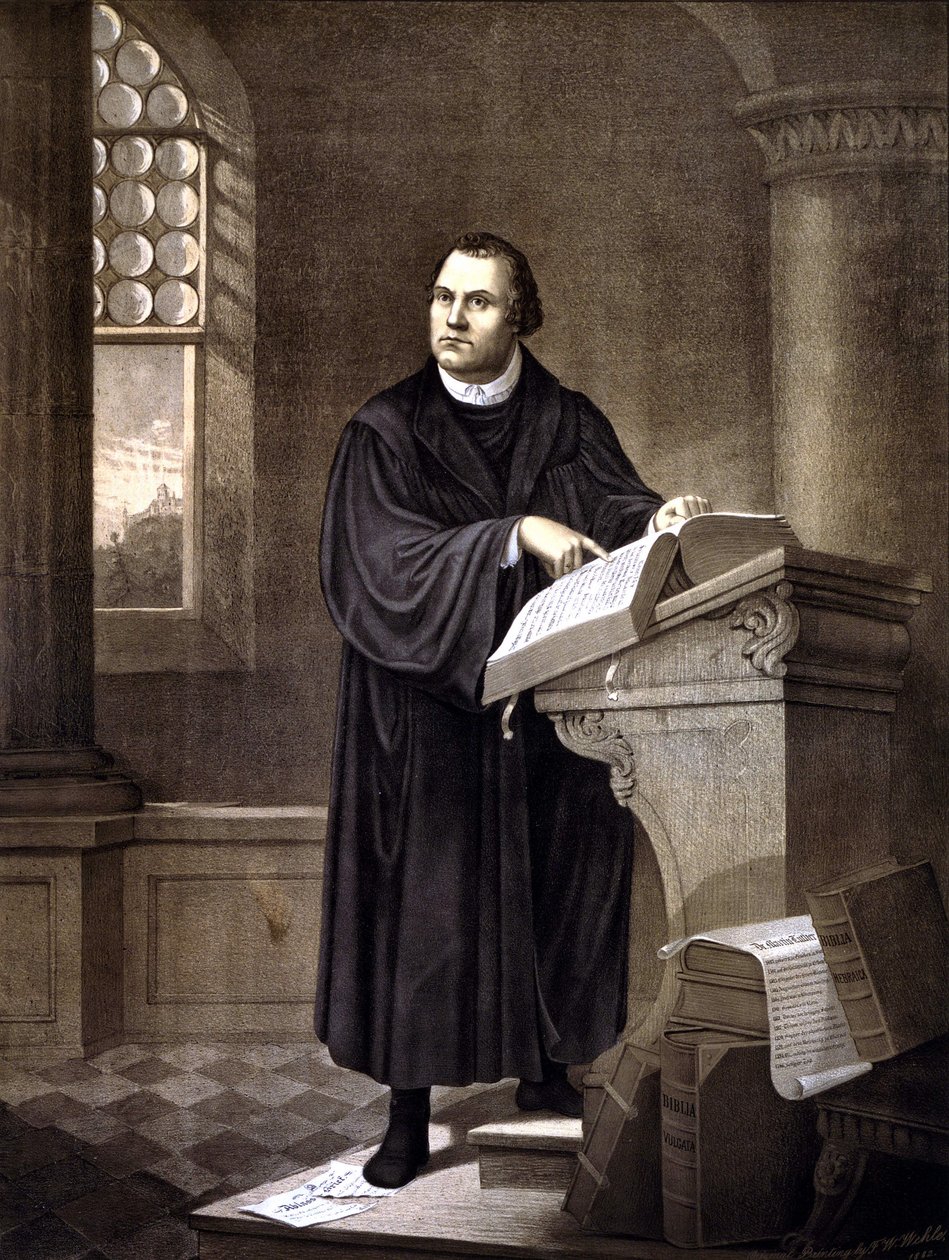 Martinho Lutero (1483 - 1546) lendo em uma igreja. de Unknown artist