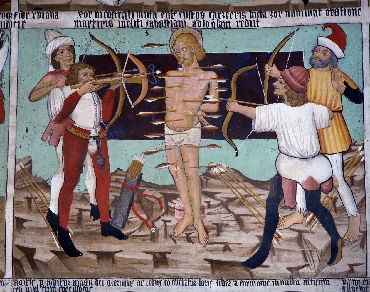 Martírio de São Sebastião, vida de São Sebastião (século XV), afrescos, Capela de São Sebastião, Villard-de-Lans, Rhone-Alpes, França. de Unknown artist
