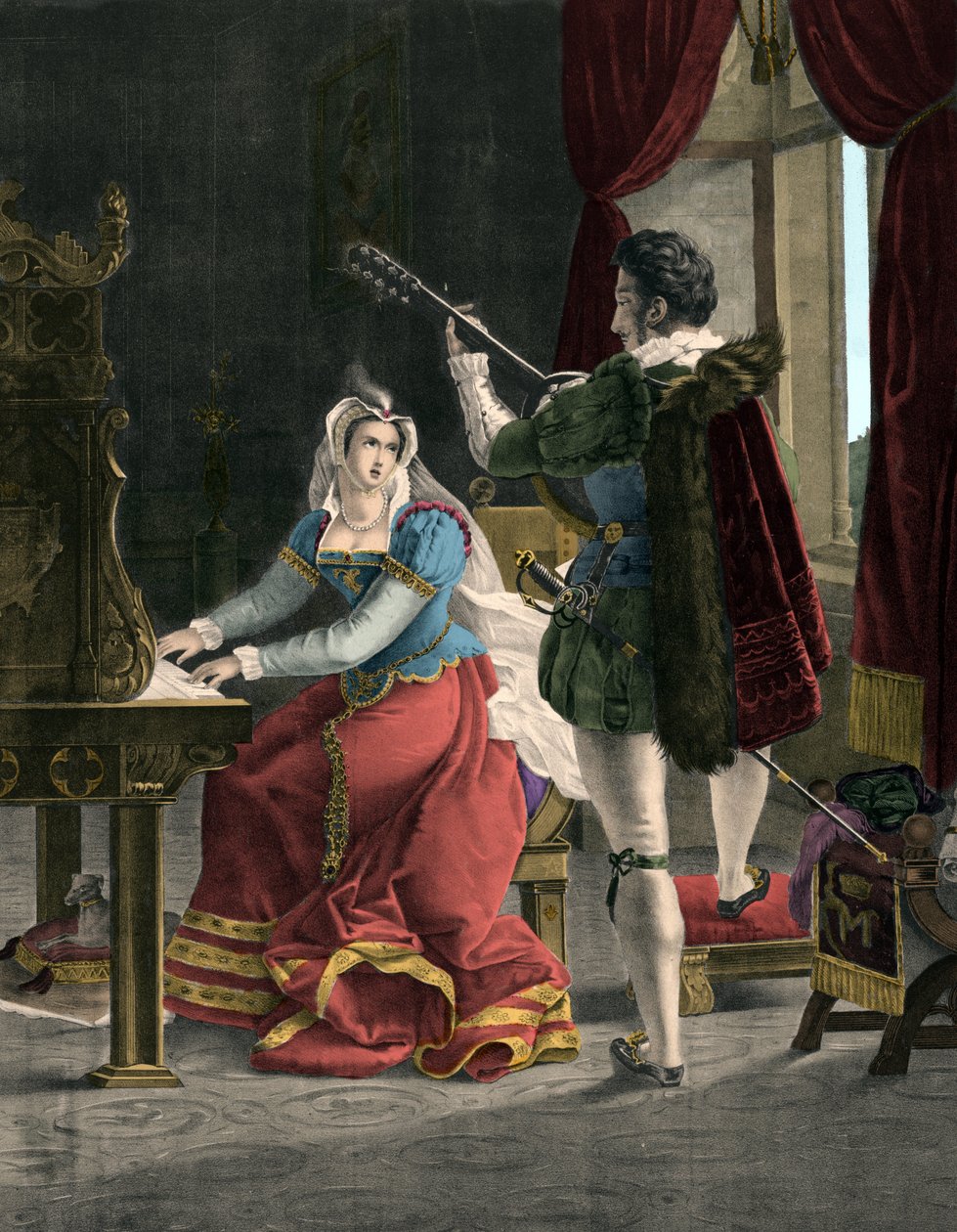 Mary Stuart e David Rizzio - Marie (Mary) Iere Stuart (1542-1587) com David (Davide) Rizzio - gravura do século XIX de Unknown artist