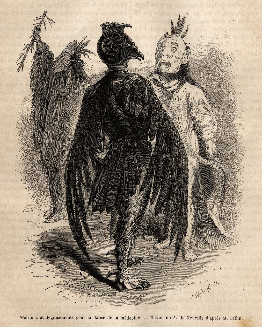 Máscaras e disfarces para a dança da medicina entre os índios Naya. Gravura para ilustrar uma excursão entre as tribos indígenas das bacias da Colômbia e Upper Missouri, de G. Catlin, em 1855, publicada em "le tour du monde", sob a direção de Unknown artist