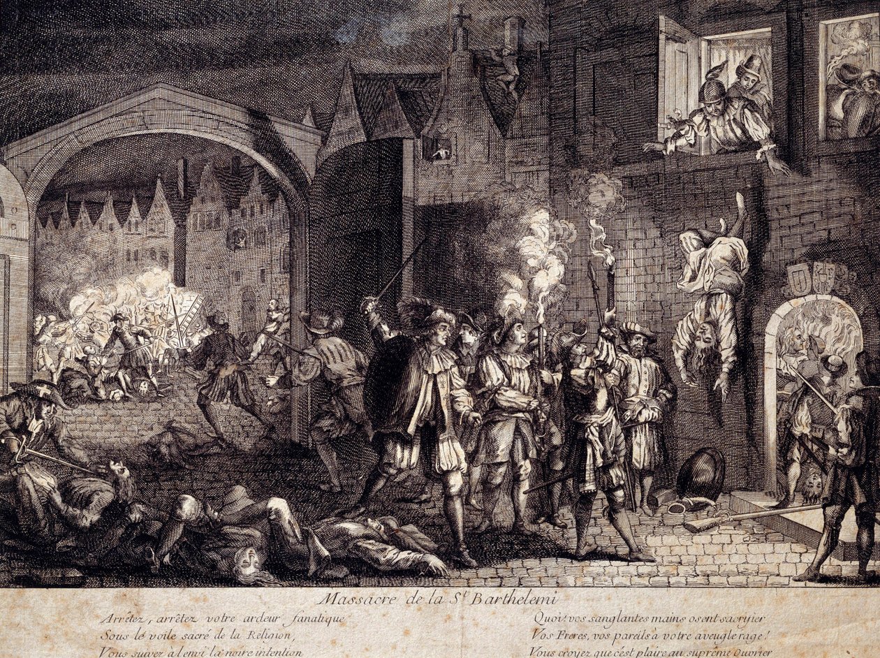 Massacre de Saint Barthelemy (São Bartolomeu) em Paris, na noite de 24 de Agosto de 1572. Gravura do século XVI. Pau, Musee Du Chateau de Unknown artist