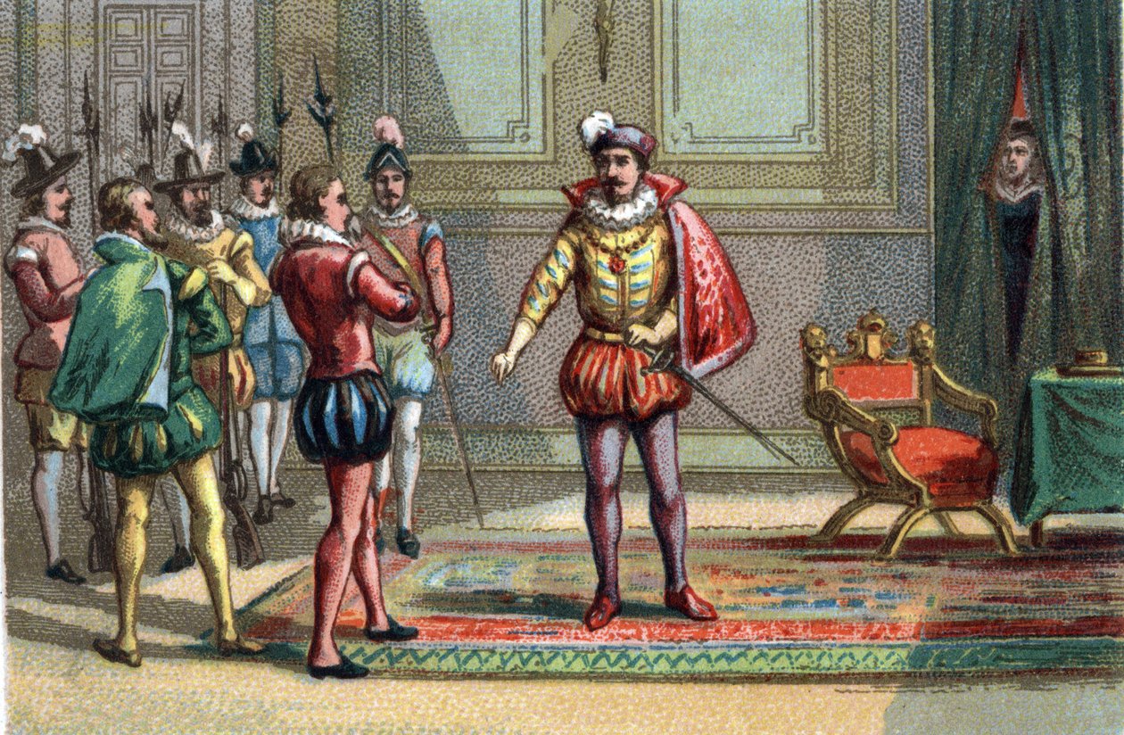 Massacre de São Bartolomeu, o Duque de Conde e Henrique de Navarra foram levados a Carlos IX, Rei de França (1550-1574), que lhes ofereceu a escolha entre a missa e a morte. Catherine de Medicis (Caterina de Medici) (1519-1589) observa a cena. Crom de Unknown artist
