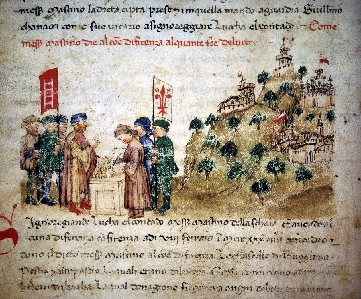Mastino II de la Scala (1308 - 1351) dá à Cidade de Florença um lote de terra de Lucca, por volta de 1300 - em "Croniche del Sercambi", por volta de 1400. Arquivo Nacional, Lucca. de Unknown artist