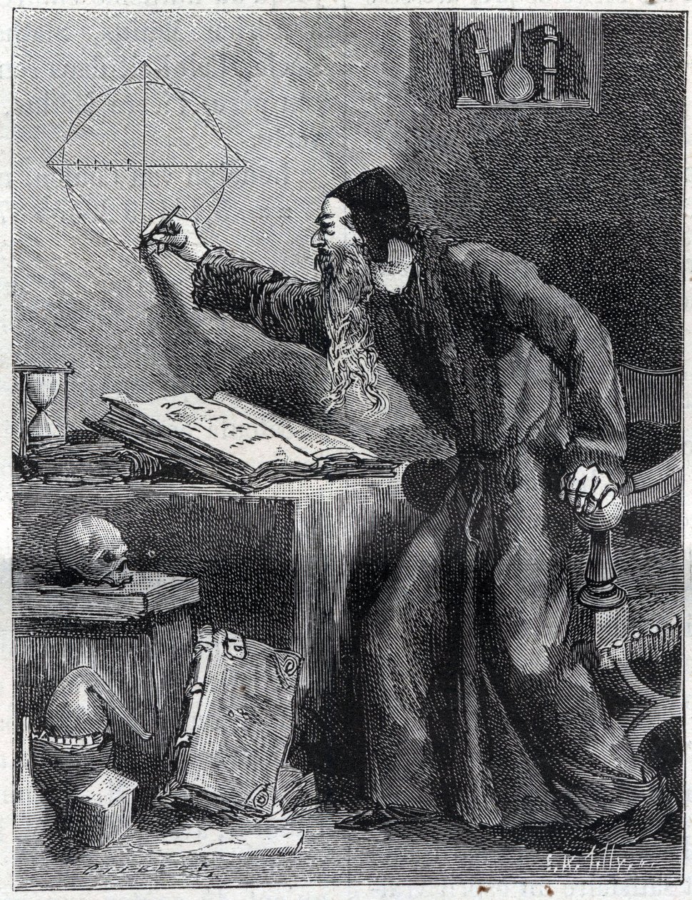 Matemática e Geometria: Investigadora científica da quadratura do círculo no século XVI. Gravura em "La Nature" 1890. Colecção privada. de Unknown artist