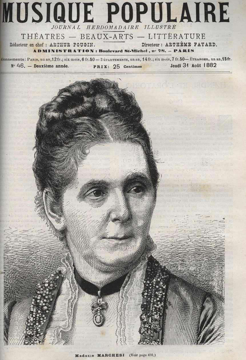 Mathilde Marchesi (1821-1913) mezzo soprano alemão - gravura em "Música Popular" ilustre jornal semanal - 1882 de Unknown artist