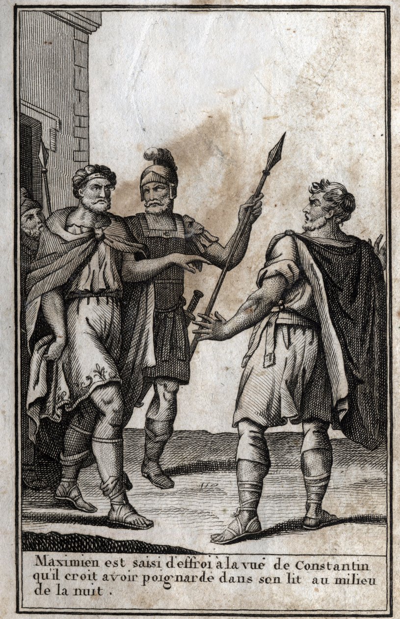 Maximian Hércules (Marcus Aurelius Valerius Maximianus) (cerca de 250-310), imperador romano, é tomado de medo ao ver Constantino (Constantino I, Flauius Valerius Aurelius Constantino, 272-306), seu genro, que ele pensa ter esfaqueado na cama i de Unknown artist