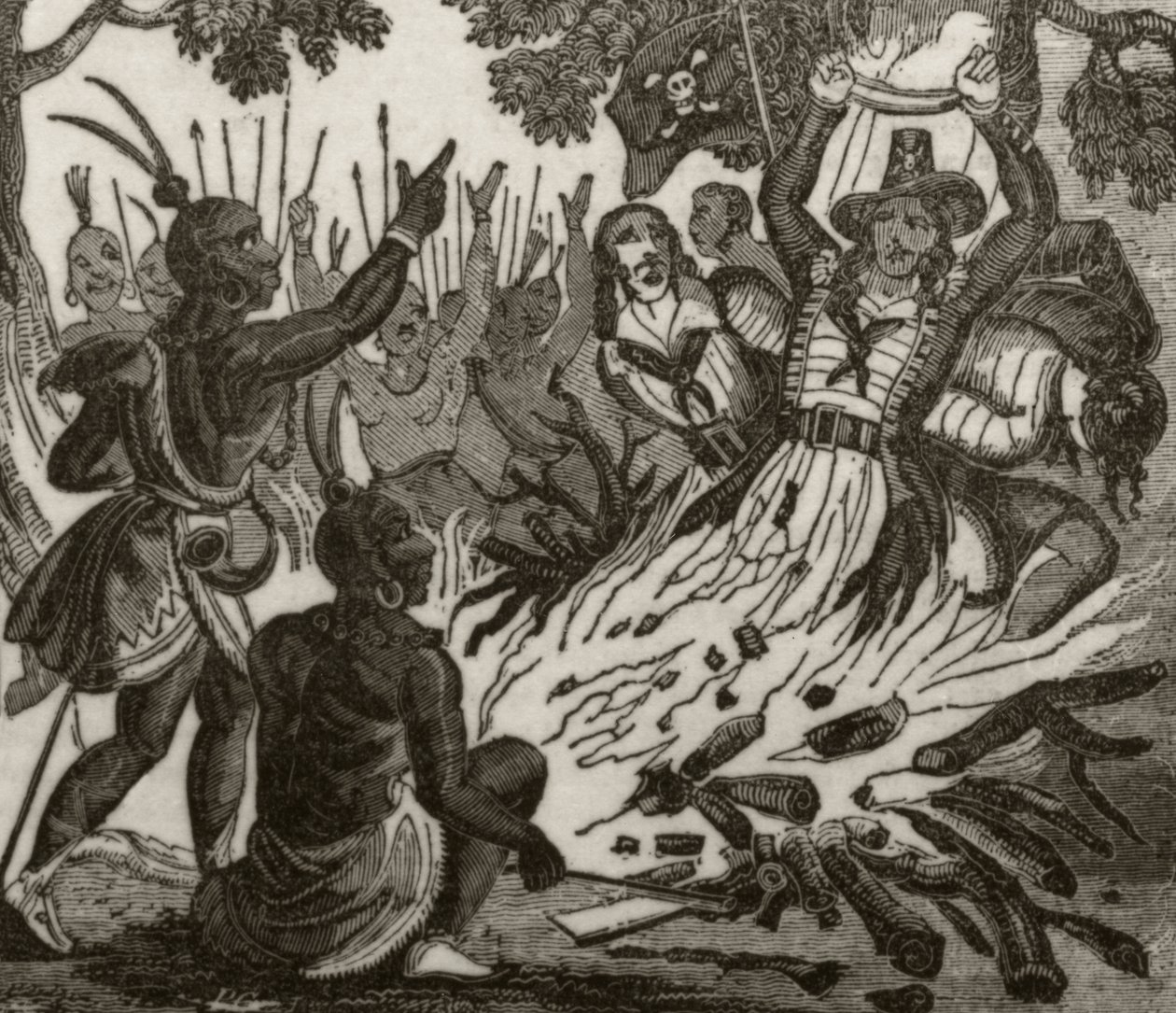 McFarren, seu companheiro, e quatro da tripulação, queimados até a morte pelos nativos das Ilhas Sandwich, c.1836. de Unknown artist
