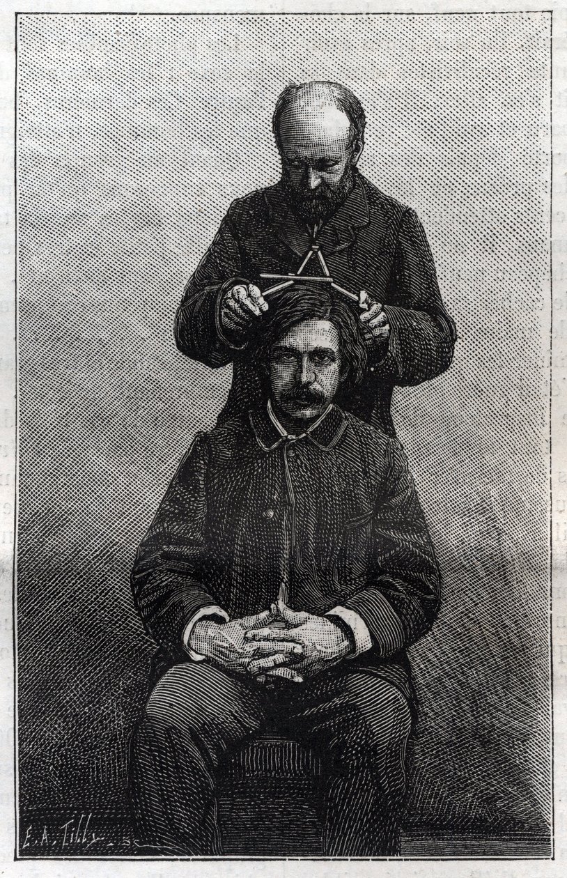 Medições da largura máxima da cabeça pela prefeitura policial de acordo com os métodos de Alphonse Bertillon (1853-1914) conhecidos como "Bertillonnage". Gravura em "La Nature". de Unknown artist