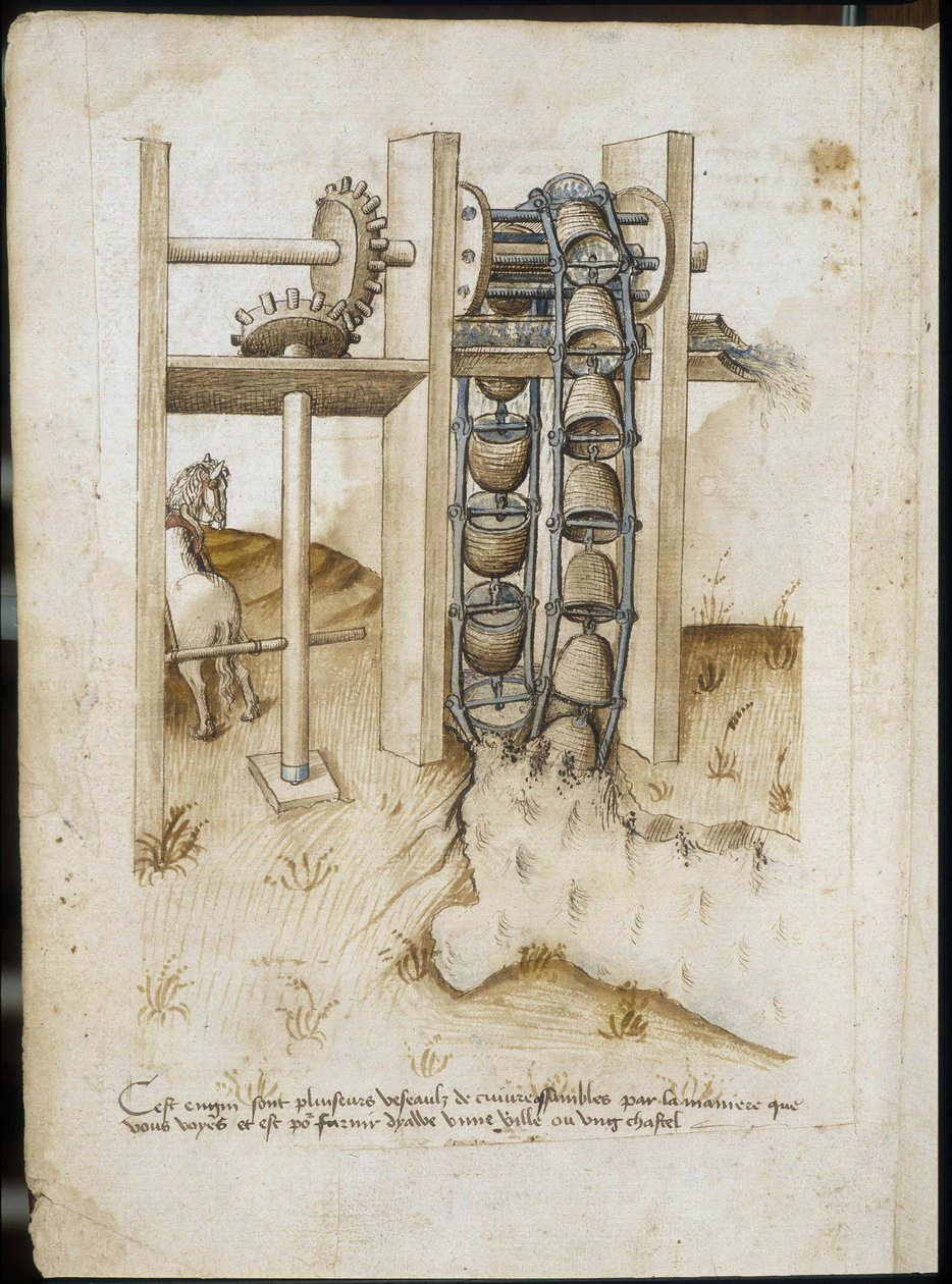 Sistema mecânico com uma roda à força de um cavalo para cavar a terra - Manuscrito: folha de pergaminho de um manual de engenharia para a construção de edifícios civis, religiosos e militares, anónimo, final do século XV (figura em tinta chinesa) de Unknown artist