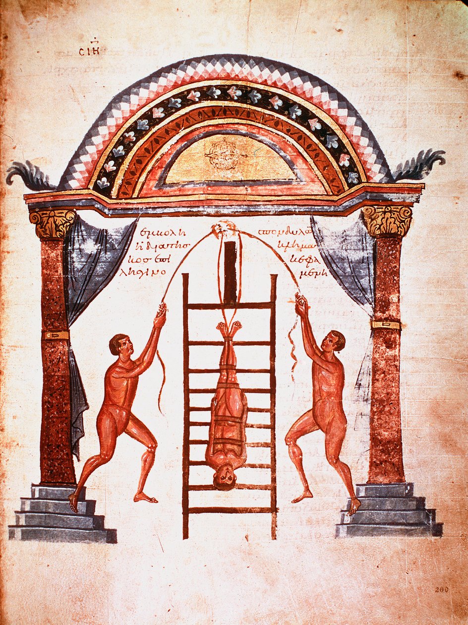 Medicina: redução de uma coluna deslocada, o paciente é pendurado com correias em uma escada (manuscrito de Unknown artist
