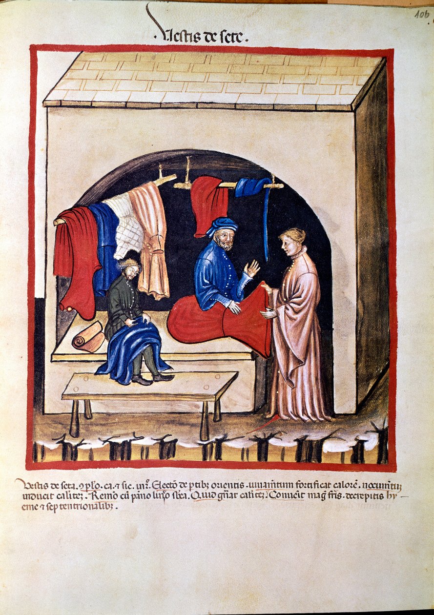 Comércio de medicamentos: "Negociante de vestuário de seda" Página retirada de "Tacuinum sanitatis" (Cod. ser. nov. 2644) Cerca de 1400 Viena, Osterreischische Nationalbibliothek de Unknown artist