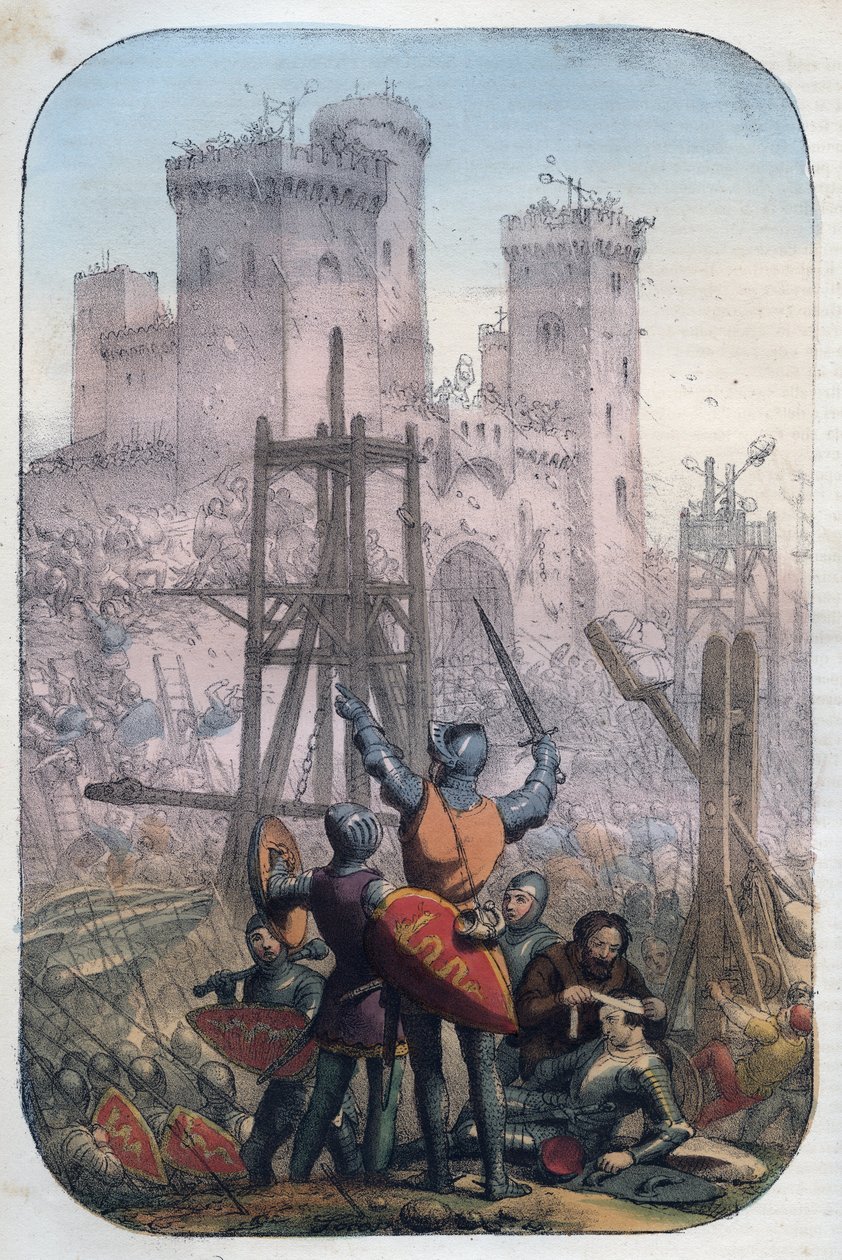 Vida Medieval - Ataque e Defesa de um Castelo - gravura de "Usos e Costumes de Todos os Povos do Universo". Ou História do Governo, Leis, Milícias, Religião de todas as Nações desde os tempos mais remotos até ao dia de hoje" 185 de Unknown artist
