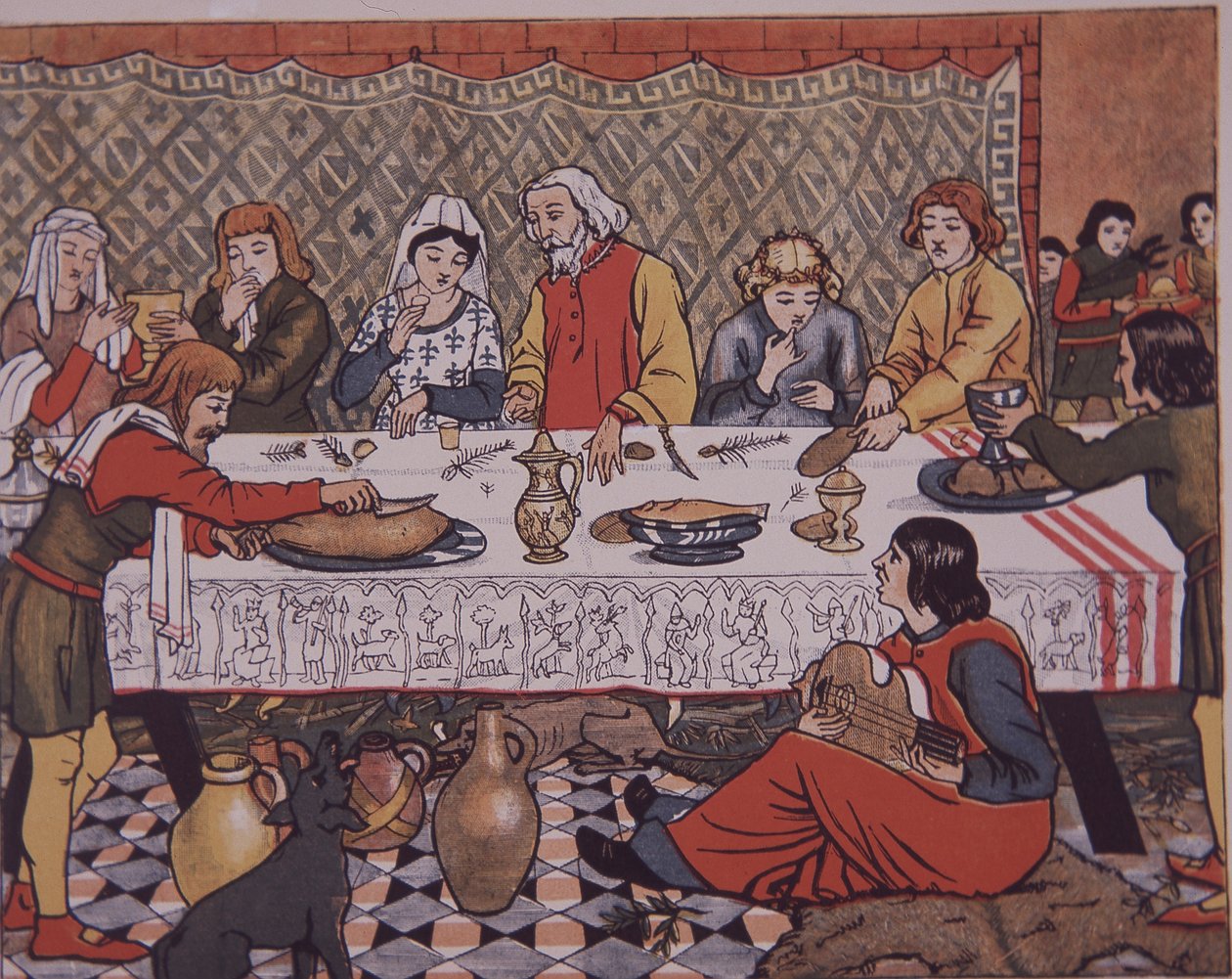 Jantar do senhor da mansão medieval (cor litho) de Unknown artist