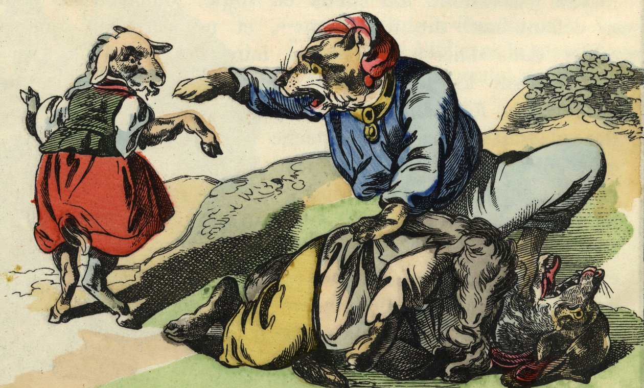 O Medor salva o Pequeno Chefe do lobo. Ilustração do conto "Bon medor e o Pequeno Chevrette". Em "Contos do lar para os pequenos". Gravura anónima do século XIX. de Unknown artist