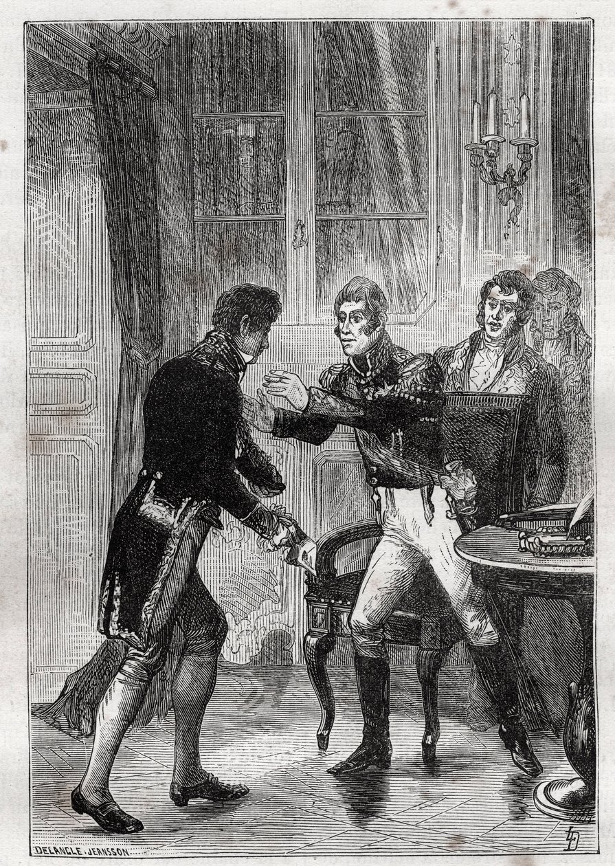 Encontro entre Charles Lemercier de Longpre (1778-1854), Barão de Haussez e Charles X a Saint-Cloud em 1830 - Gravação de 1882 em "Histoire de dix ans: 1830-1840" Louis-Blanc (1811-1882) de Unknown artist