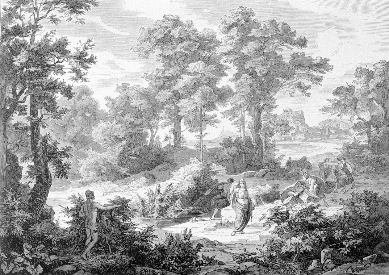 Encontro entre Ulisses, que estava deitado perto de um rio, e Nausicaa. Gravura do final do século XIX. de Unknown artist