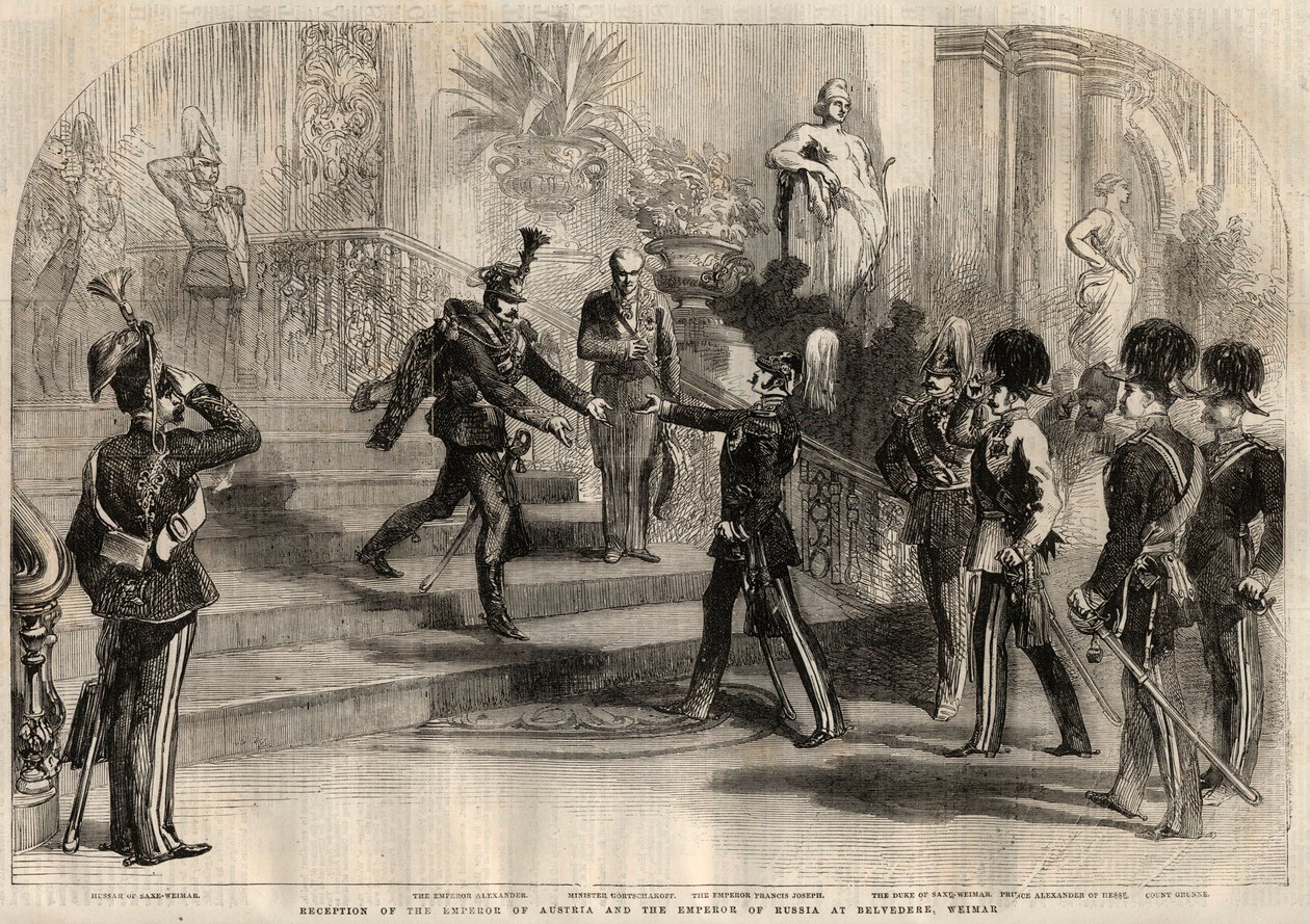 Encontro entre o czar Alexandre II (1818-1881) e o imperador austríaco Francisco José I (1830-1916) no Miradouro de Weimar (Alemanha). Da esquerda para a direita estão Alexandre II, Francisco José I, Carlos Alexandre Duque de Saxónia - Weimar-Eisenach. de Unknown artist