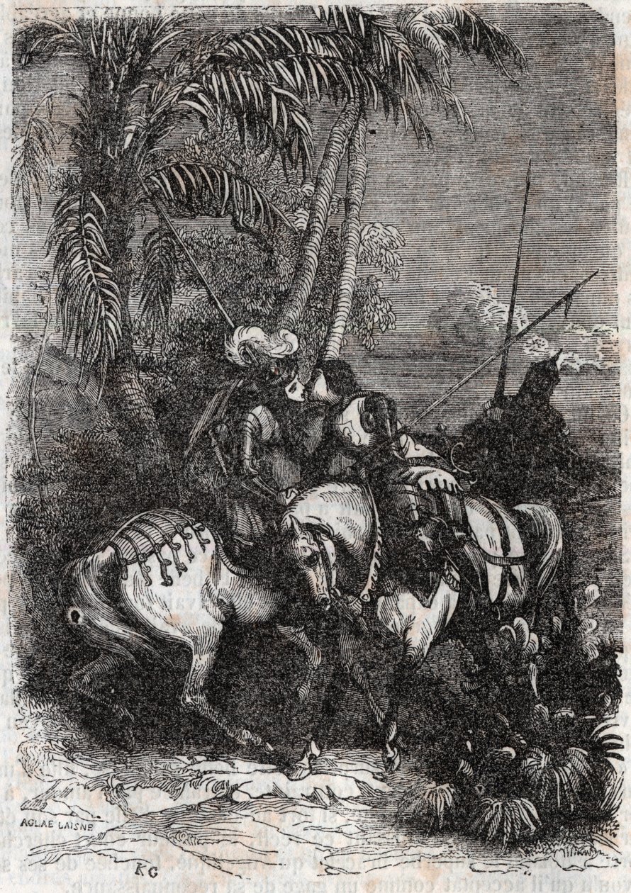 Encontro de Marphise (Marfisa), Astolphe (Astolfo) e Sansonnet (Sansonetto) - Gravura de 1851 de "Roland furieux" (Orlando furioso) (século XVI) de Ludovico Ariosto, conhecido como Ariosta - Edição traduzida do italiano pelo Conde de Tressan an de Unknown artist