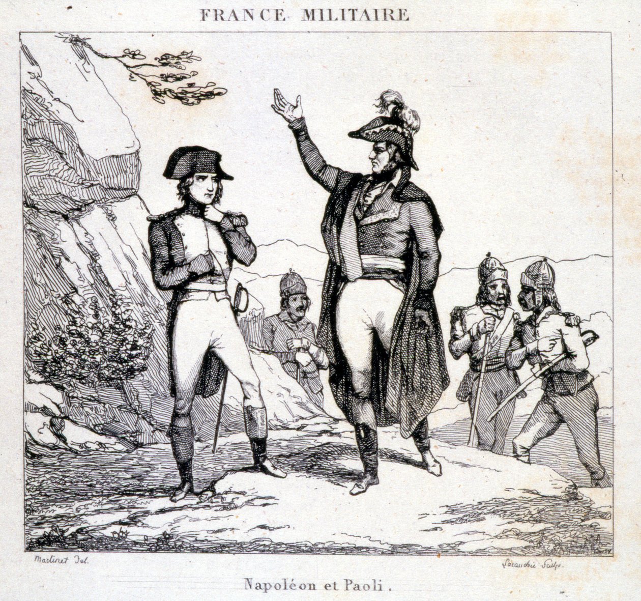 Encontro de Napoleão Bonaparte e Pasquale ou Pascal Paoli (1725 - 1807), Patriote Córsega. Gravura do século XIX. de Unknown artist