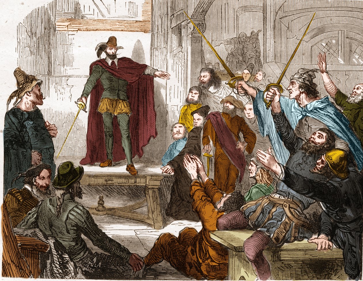 Reunião do Comitê dos Dezesseis (16) em 1588 (Conselho de Representantes dos Dezesseis Trimestres de Paris) Comitê Insurrecional formado em Paris durante a Liga. de Unknown artist