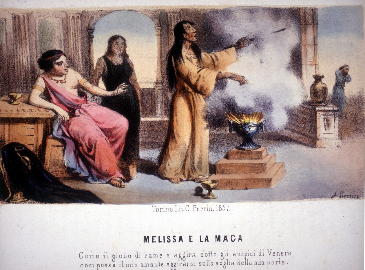 Melissa e o Mágico: "Assim como a esfera de cobre é influenciada por Vênus, também o meu amante pode aparecer à minha porta. 1857. de Unknown artist