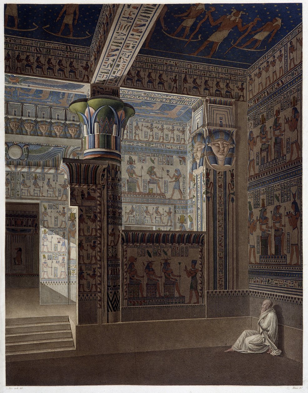 Memnonium Thebes, pl 37: Vista colorida do interior do templo do ocidente - em "Antiguidades Egípcias", sd. Século XIX de Unknown artist