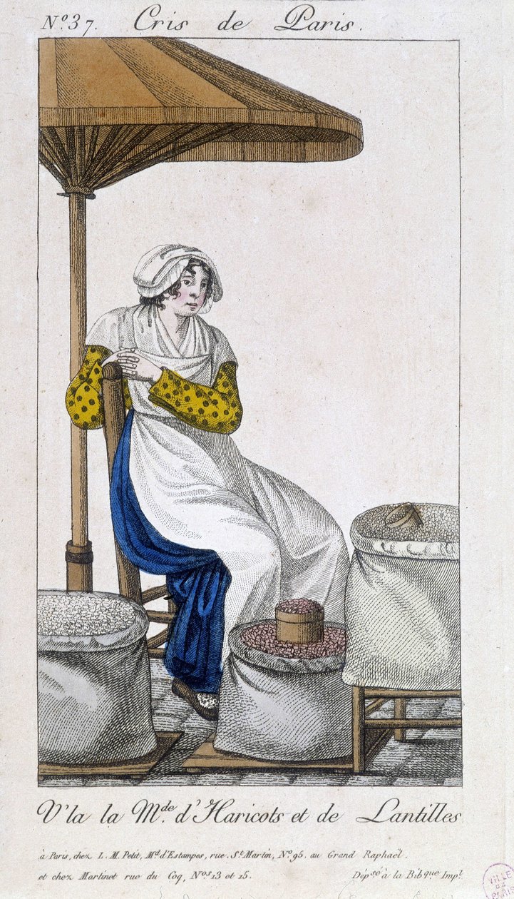 Mercador de feijão e lentilhas secas - em "Cris de Paris", deb. Século XIX de Unknown artist