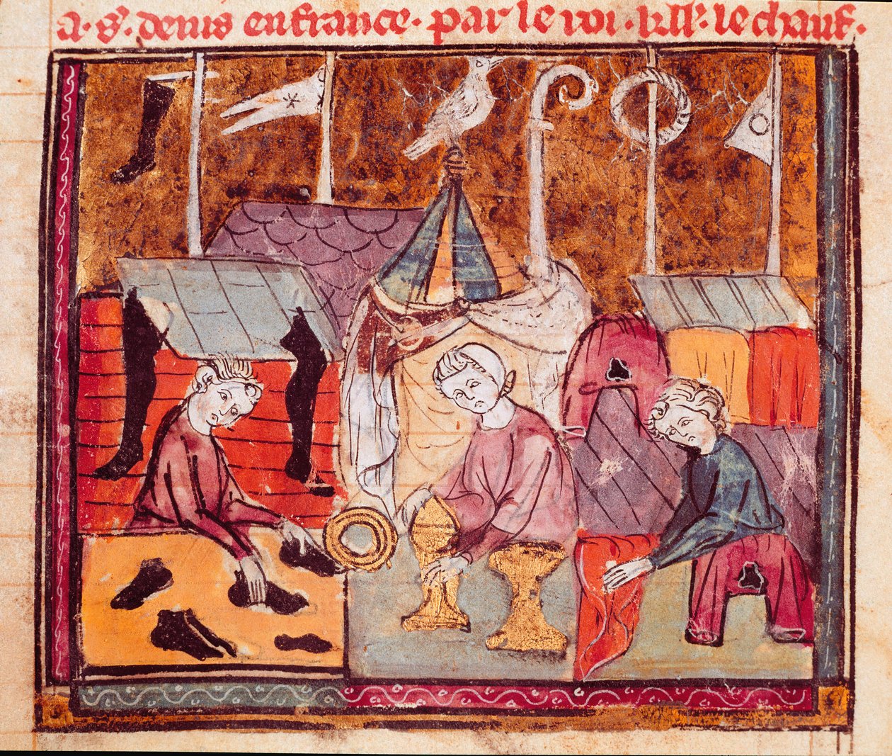Comerciantes (sapateiro, ourives, comerciante de tecidos) na feira Lendit perto da Miniatura Saint Denis de "Grandes Chronicles de France" 1375-1379 Biblioteca Municipal, Castres de Unknown artist
