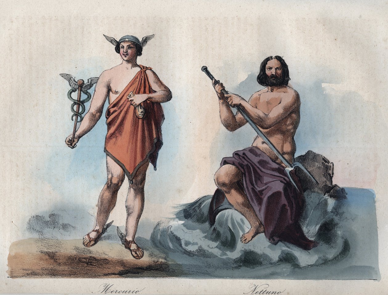 Mercurius (Hermes) e Neptuno (Poseidon) - gravura de "Usos e Costumes de Todos os Povos do Universo. Ou melhor, a história do governo, das leis, das milícias, da religião de todas as nações desde os tempos mais remotos até aos nossos dias" 1856 de Unknown artist