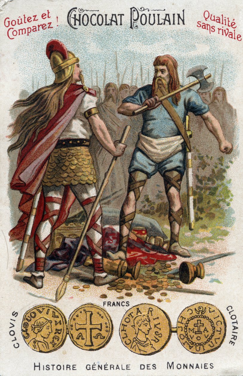 Merovingiens: Clovis 1º a abater o soldado que tinha partido o navio de Soissons, em 486. Em História Geral das Moedas. Cromolitografia de Chocolate-Foal do final do século XIX. Colecção privada. de Unknown artist
