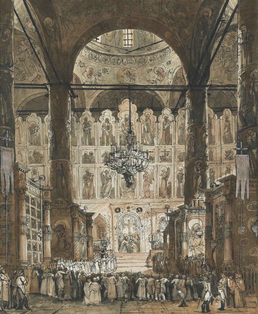 "Messe a la cathedrale de la Dormition du kremlin a Moscou, Russie" (Missa na Catedral da Dormition no Kremlin de Moscovo) Gouache anonyme vers 1850 Collection privee de Unknown artist