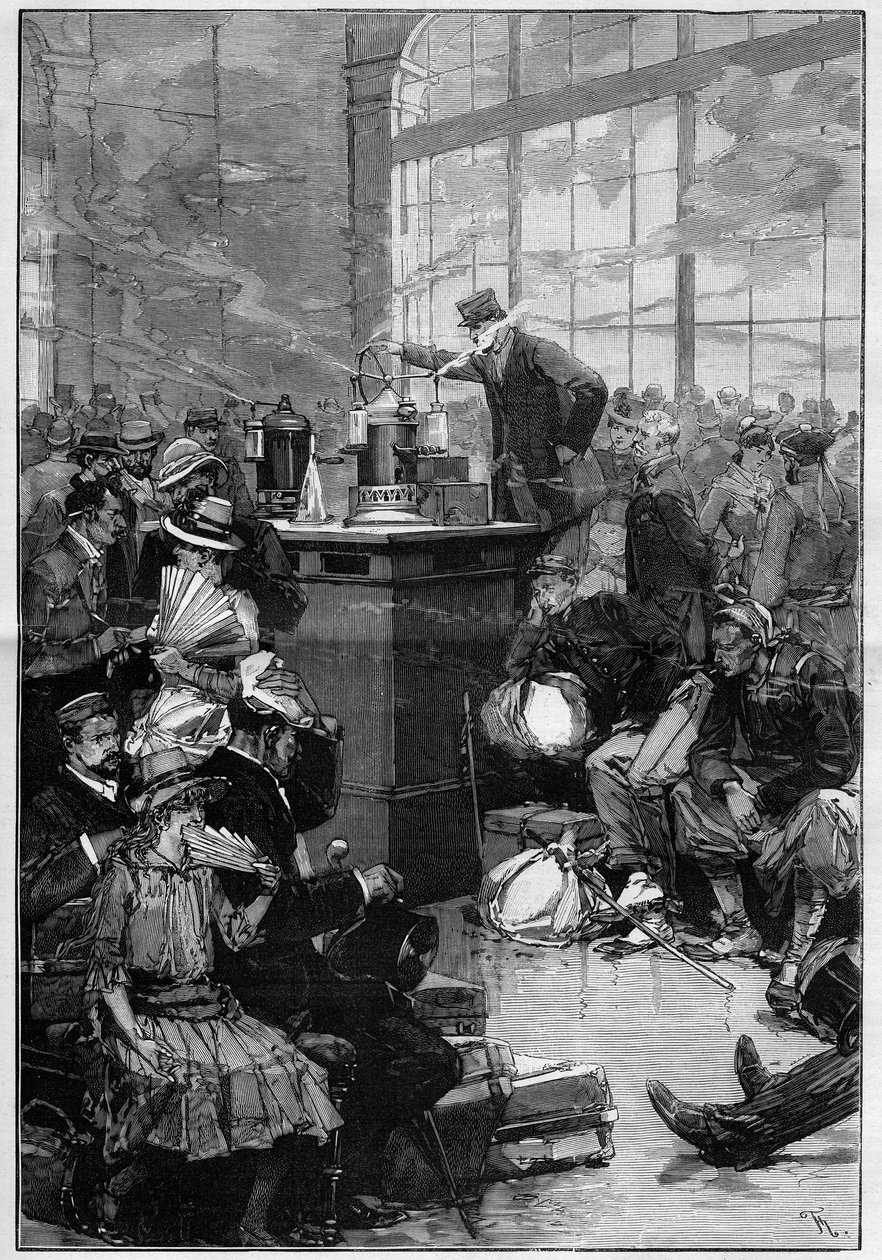 Medida tomada contra a epidemia de cólera disseminada em Toulon: a sala de desinfecção da Gare de Lyon, Paris. Gravação em "Le Monde Illustre". de Unknown artist
