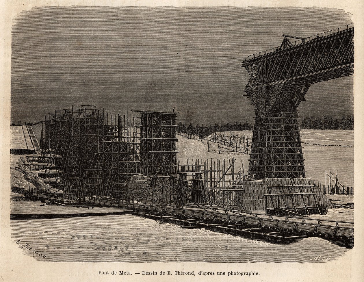 Meta Bridge (Ucrânia), em construção. Gravura para ilustrar La Russie libre, de William Hepworth Dixon, em 1869, publicada em "Le tour du monde" 1872, editada por Edouard Charton, edição Hachette, Paris. Coleção Selva. de Unknown artist
