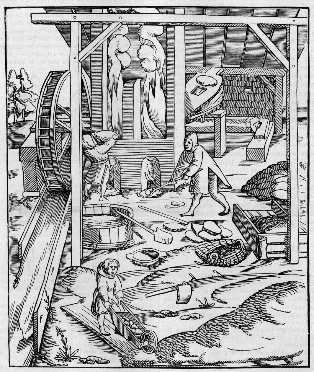 Ventilador de forno metálico operado por um motor hidráulico. Fac-simile (Fac-simile) de uma gravura publicada em "Cosmographie" (1555) por Sebastien Munster. Gravura em "La Nature: Revue des sciences et de leurs applications aux arts et a l