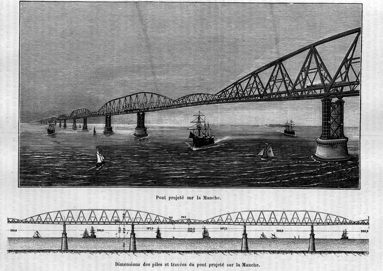 Ponte metálica projectada no Canal: em cima, a ponte uma vez terminada; em baixo, as dimensões das estacas e travessias da ponte projectada. Gravação no "Le Journal de la jeunesse". de Unknown artist