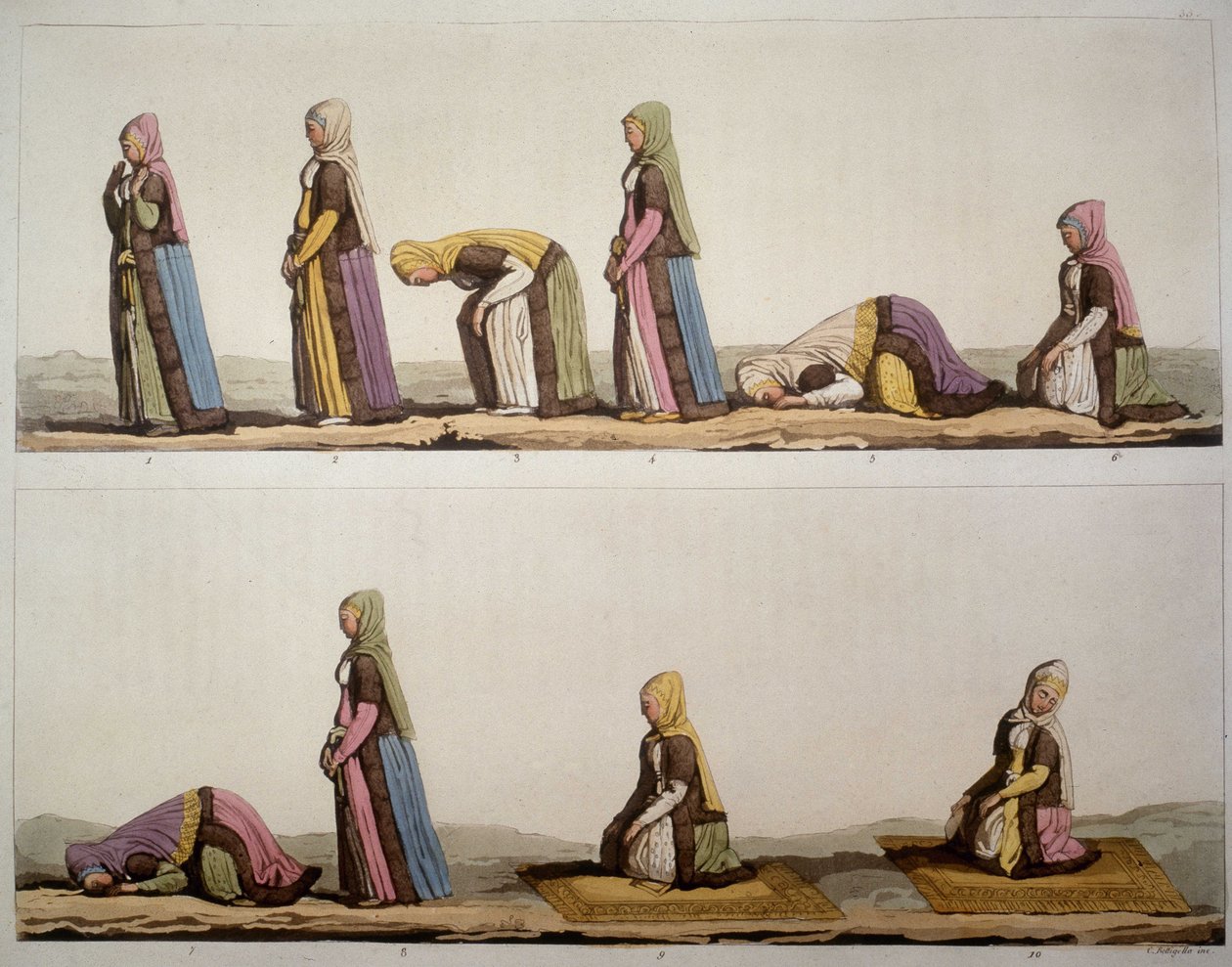 Método para posições de oração dos muçulmanos. Em "The Old and Modern Costume" 1819-1820, de Ferrario. de Unknown artist